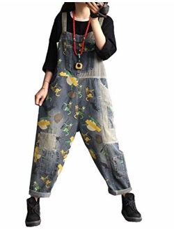 Flygo Women's Loose Baggy Cotton Wide Leg Drop Crotch Printed Bib Overalls Jumpsuit Rompers