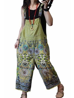 Flygo Women's Loose Baggy Cotton Wide Leg Drop Crotch Printed Bib Overalls Jumpsuit Rompers