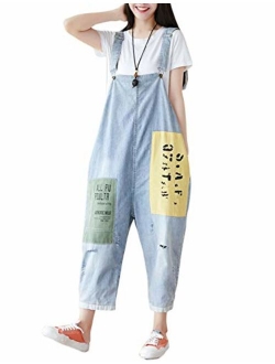 Flygo Women's Loose Baggy Cotton Wide Leg Drop Crotch Printed Bib Overalls Jumpsuit Rompers