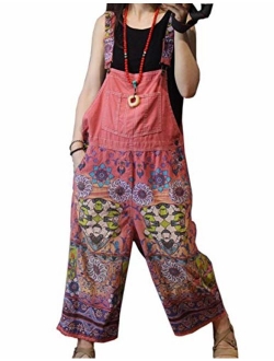 Flygo Women's Loose Baggy Cotton Wide Leg Drop Crotch Printed Bib Overalls Jumpsuit Rompers