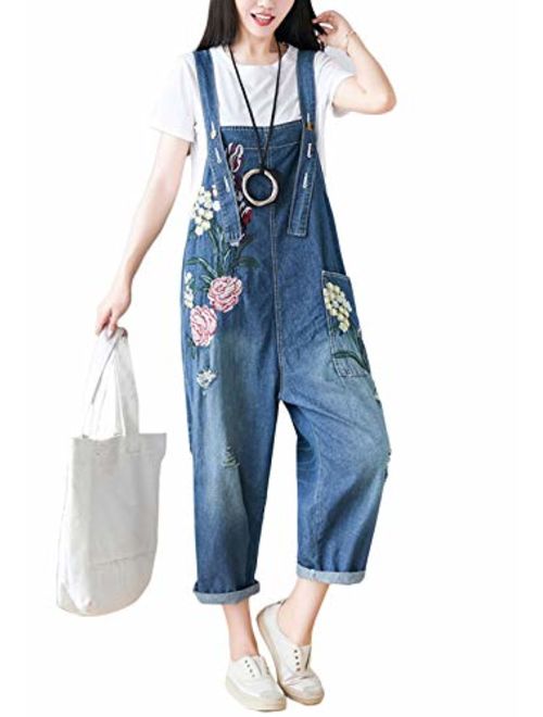 Flygo Women's Loose Baggy Cotton Wide Leg Drop Crotch Printed Bib Overalls Jumpsuit Rompers