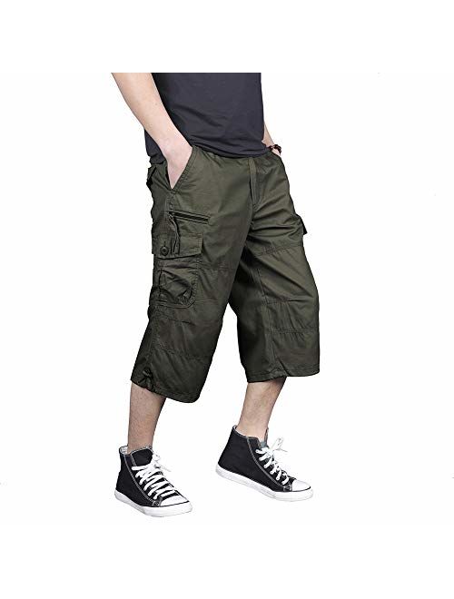 FEDTOSING 3/4 Casual Cargo Shorts for Men Loose Fit Twill 17" Inseam Capri Long Shorts with Multi-Pockets