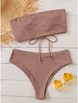 Lace Up Back Bandeau High Waisted Bikini Swimsuit