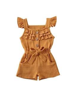 Toddler Little Girl Demin Off Shoulder Ruffle Pocket Romper Jumpsuit Clothes Set