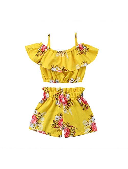 Toddler Little Girl Demin Off Shoulder Ruffle Pocket Romper Jumpsuit Clothes Set