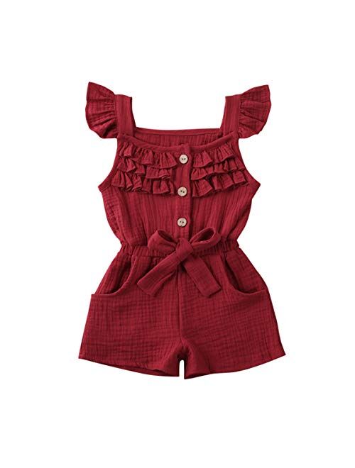 Toddler Little Girl Demin Off Shoulder Ruffle Pocket Romper Jumpsuit Clothes Set