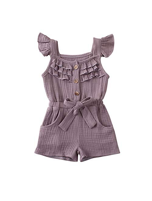 Toddler Little Girl Demin Off Shoulder Ruffle Pocket Romper Jumpsuit Clothes Set