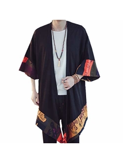 HZCX FASHION Men's Cotton Linen Long Kimono Jackets Open Front Cardigan Cloak