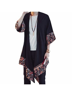 HZCX FASHION Men's Cotton Linen Long Kimono Jackets Open Front Cardigan Cloak