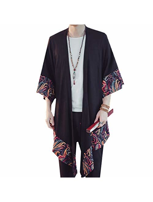 HZCX FASHION Men's Cotton Linen Long Kimono Jackets Open Front Cardigan Cloak