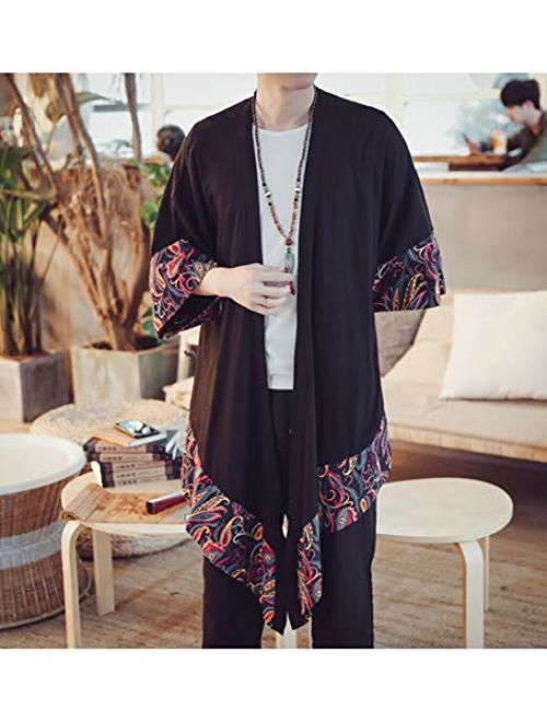 HZCX FASHION Men's Cotton Linen Long Kimono Jackets Open Front Cardigan Cloak