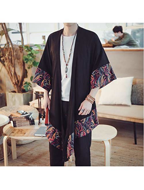 HZCX FASHION Men's Cotton Linen Long Kimono Jackets Open Front Cardigan Cloak