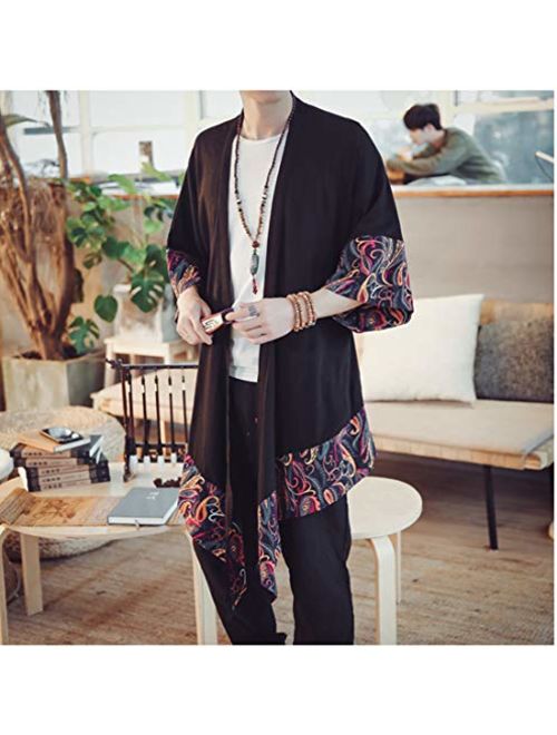 HZCX FASHION Men's Cotton Linen Long Kimono Jackets Open Front Cardigan Cloak