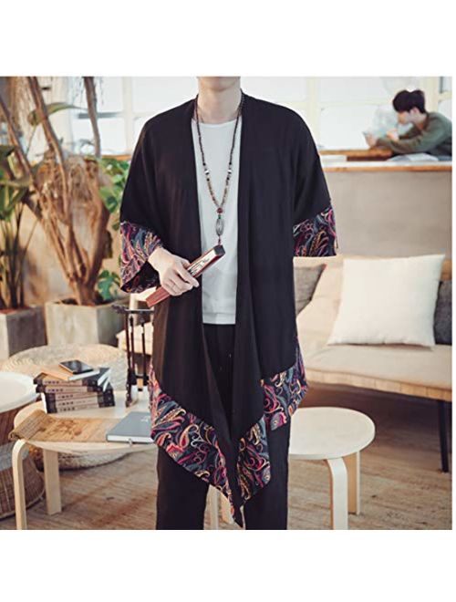 HZCX FASHION Men's Cotton Linen Long Kimono Jackets Open Front Cardigan Cloak