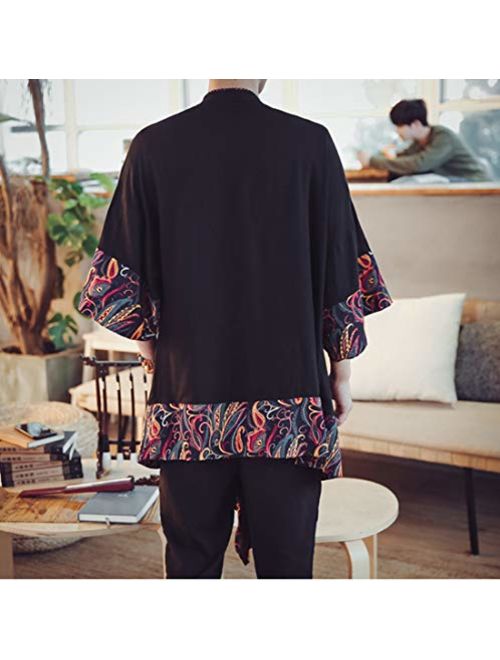 HZCX FASHION Men's Cotton Linen Long Kimono Jackets Open Front Cardigan Cloak