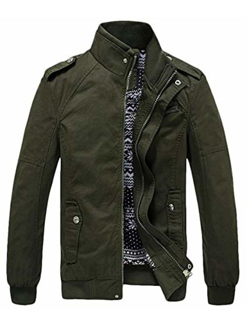 Youhan Men's Casual Fitted Stand Collar Cotton Jacket with Shoulder Straps