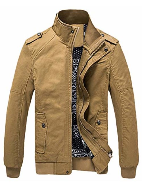 Youhan Men's Casual Fitted Stand Collar Cotton Jacket with Shoulder Straps