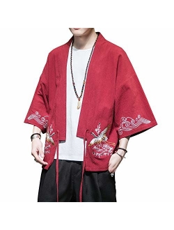 PRIJOUHE Men's Kimono Jackets Cardigan Lightweight Casual Cotton Blends Linen Seven Sleeves Open Front Coat Outwear