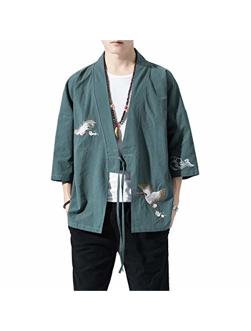 PRIJOUHE Men's Kimono Jackets Cardigan Lightweight Casual Cotton Blends Linen Seven Sleeves Open Front Coat Outwear