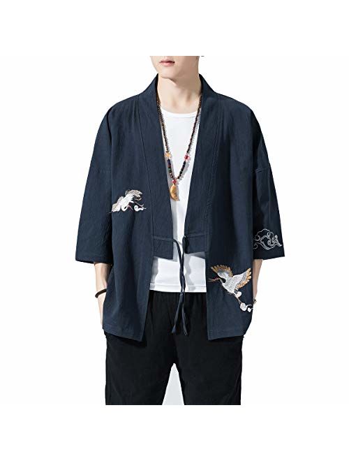 PRIJOUHE Men's Kimono Jackets Cardigan Lightweight Casual Cotton Blends Linen Seven Sleeves Open Front Coat Outwear