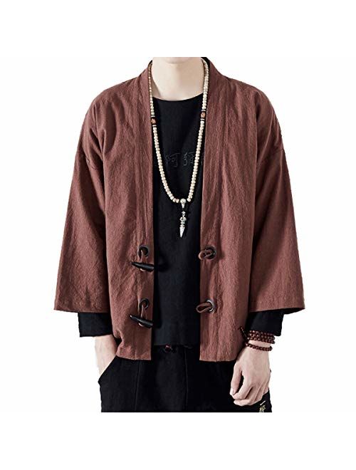 PRIJOUHE Men's Kimono Jackets Cardigan Lightweight Casual Cotton Blends Linen Seven Sleeves Open Front Coat Outwear