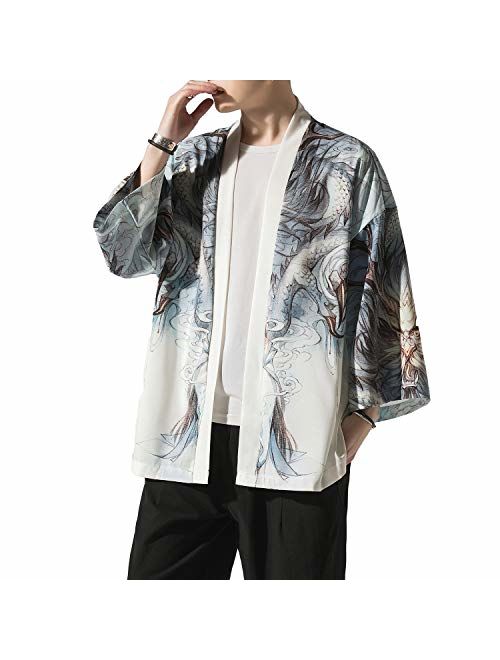 PRIJOUHE Men's Kimono Jackets Cardigan Lightweight Casual Cotton Blends Linen Seven Sleeves Open Front Coat Outwear