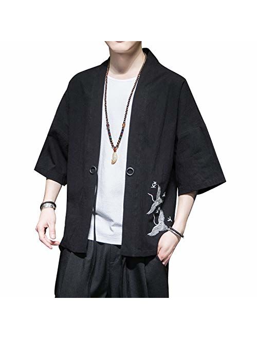 PRIJOUHE Men's Kimono Jackets Cardigan Lightweight Casual Cotton Blends Linen Seven Sleeves Open Front Coat Outwear