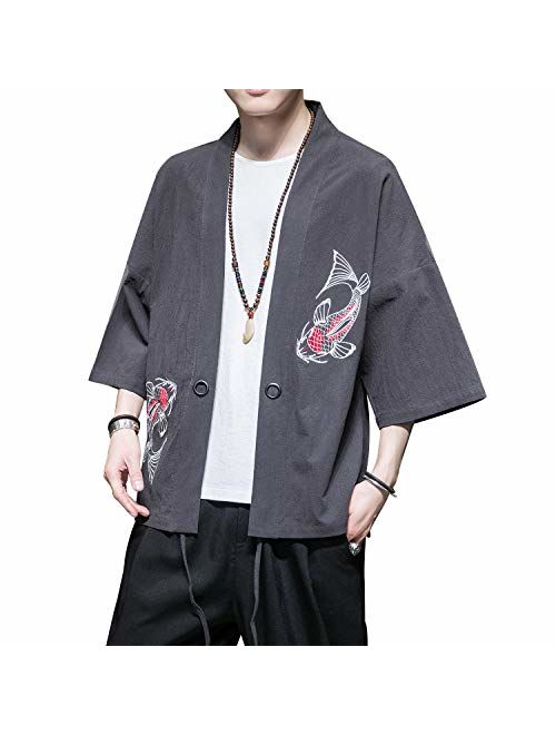 PRIJOUHE Men's Kimono Jackets Cardigan Lightweight Casual Cotton Blends Linen Seven Sleeves Open Front Coat Outwear