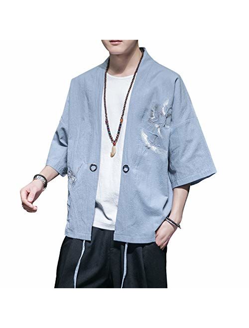 PRIJOUHE Men's Kimono Jackets Cardigan Lightweight Casual Cotton Blends Linen Seven Sleeves Open Front Coat Outwear