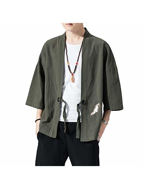 PRIJOUHE Men's Kimono Jackets Cardigan Lightweight Casual Cotton Blends Linen Seven Sleeves Open Front Coat Outwear