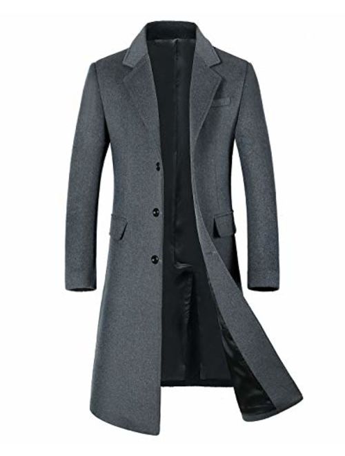 ebossy Men's Wool Blend Full Length Overcoat Single Breasted Long Coat with Flap Pocket