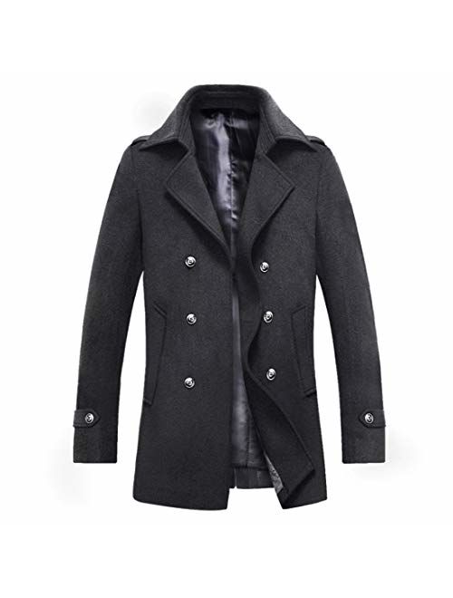 ZHPUAT Mens Wool Coat Thermal Pea Coat Winter Trench Coat with Single/Double Breasted