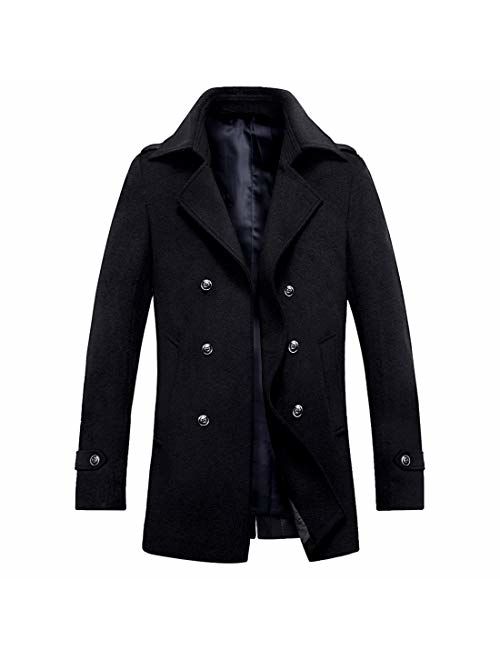 ZHPUAT Mens Wool Coat Thermal Pea Coat Winter Trench Coat with Single/Double Breasted