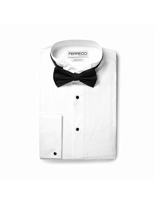 Ferrecci Men's Max White Regular Fit Wing Tip Collar Pleated Tuxedo Shirt with Bowtie