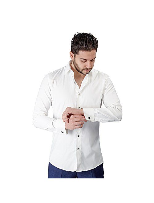 New Mens Tailored Slim Fit Off White Ivory Lay Down Tuxedo Shirt French Cuff by Azar