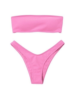 Women Strapless Ribbed High Cut Bandeau Bikini Set