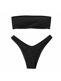 Women Strapless Ribbed High Cut Bandeau Bikini Set