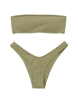 Women Strapless Ribbed High Cut Bandeau Bikini Set