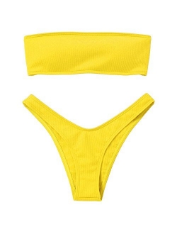 Women Strapless Ribbed High Cut Bandeau Bikini Set