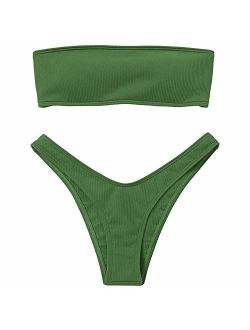 Women Strapless Ribbed High Cut Bandeau Bikini Set