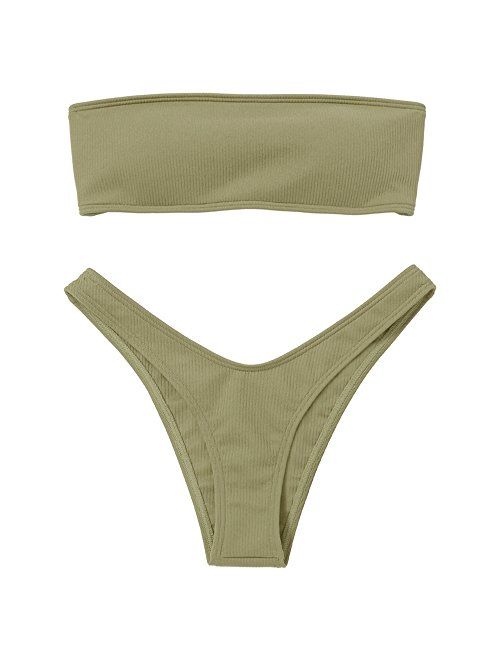 ZAFUL Women Strapless Ribbed High Cut Bandeau Bikini Set