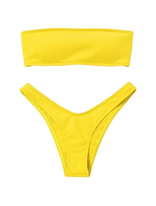 ZAFUL Women Strapless Ribbed High Cut Bandeau Bikini Set