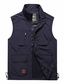 Jenkoon Mens Lightweight Multi-Pockets Mesh Travels Fishing Vest Outdoor Stand Collar Vest