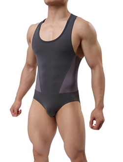 TESOON Men's Sport Bodysuit Mesh Jumpsuits Leotard Wrestling Singlet