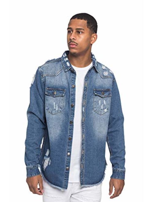 Victorious Men's Long Sleeve Button Up Denim Shirt Jacket DK158 - Indigo - Large