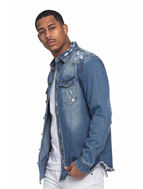 Victorious Men's Long Sleeve Button Up Denim Shirt Jacket DK158 - Indigo - Large