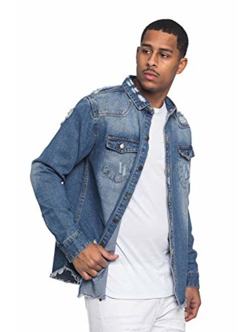 Victorious Men's Long Sleeve Button Up Denim Shirt Jacket DK158 - Indigo - Large