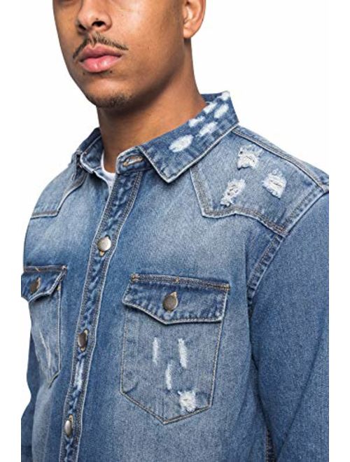 Victorious Men's Long Sleeve Button Up Denim Shirt Jacket DK158 - Indigo - Large