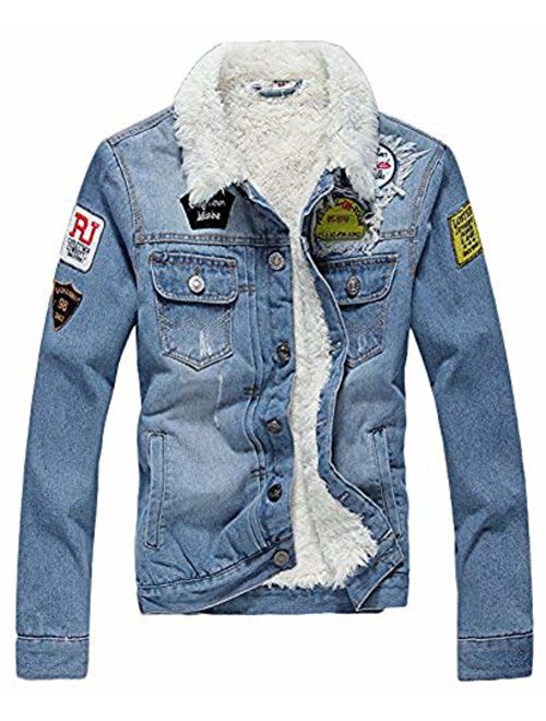 AvaCostume Men's Winter Fleece Lined Patch Denim Jacket Coats