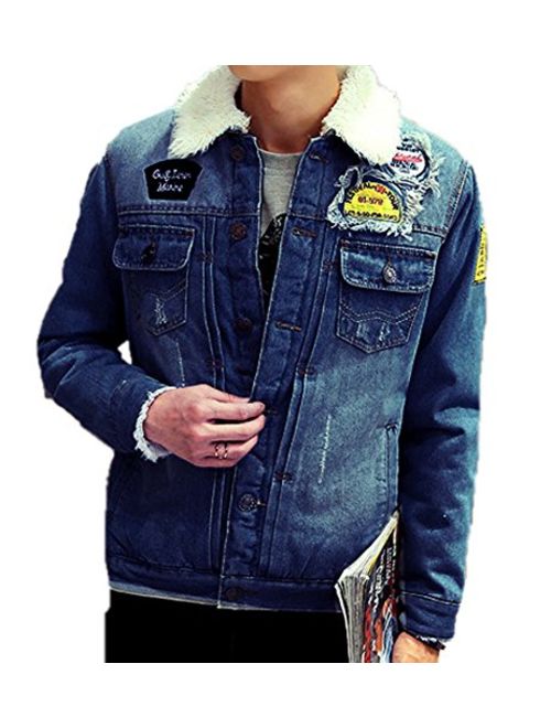 AvaCostume Men's Winter Fleece Lined Patch Denim Jacket Coats